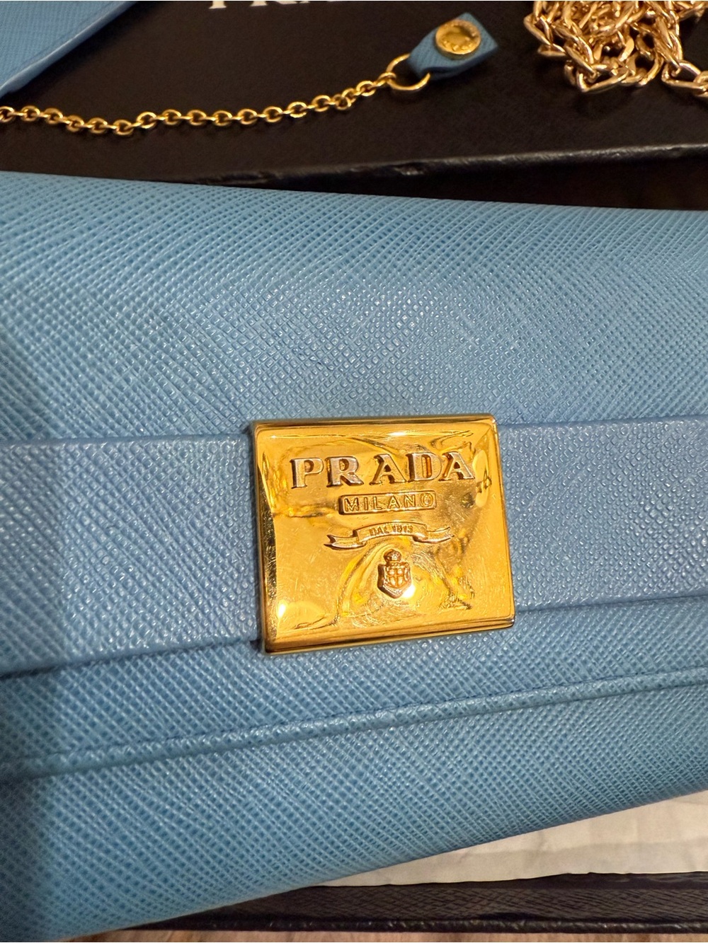 Prada Saffiano Lux Bow Continental Wallet Light Blue Gold Hardware W/ Chain Card - Picture 15 of 16